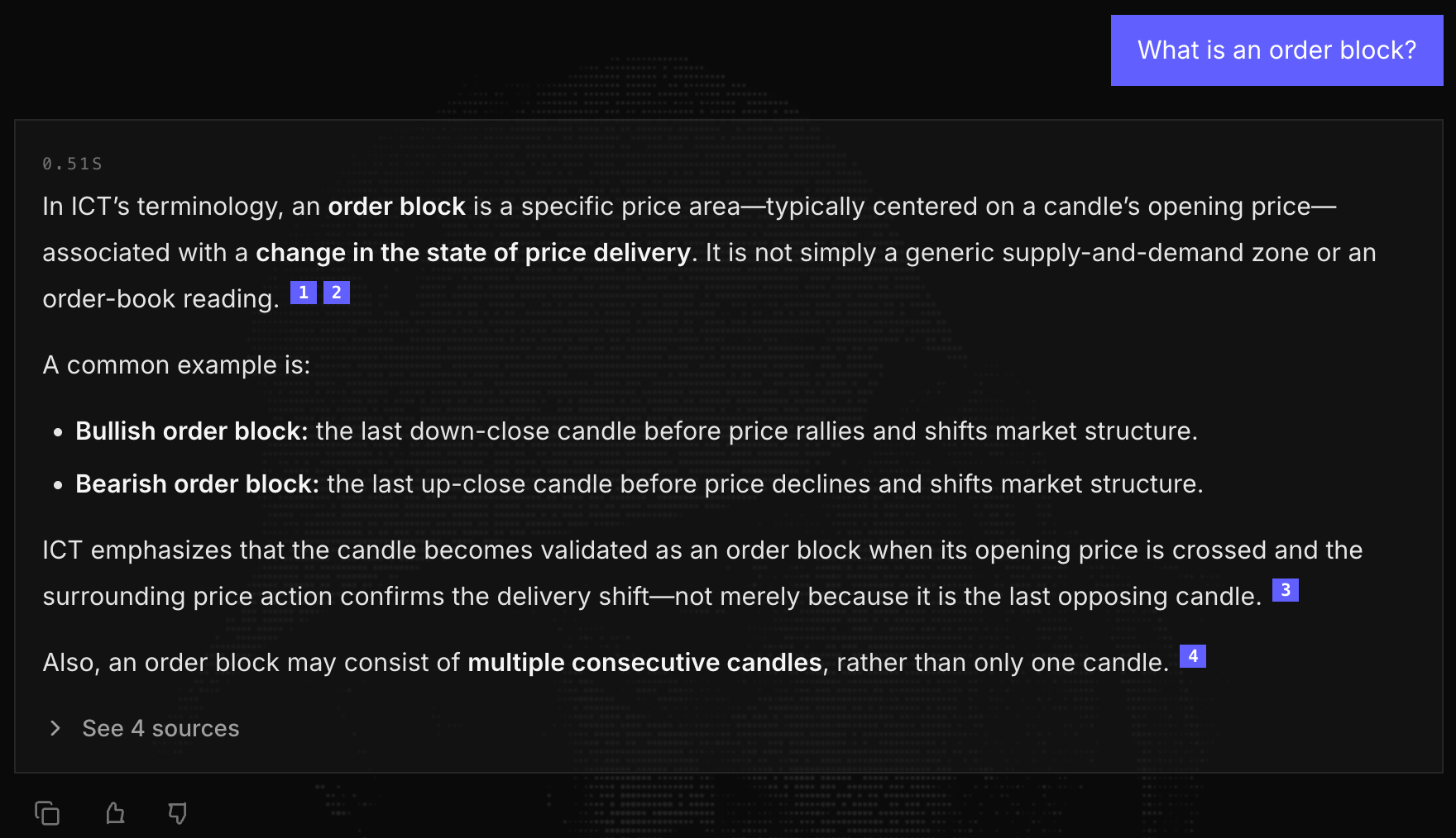 A chat answer about order blocks with numbered citations and a sources panel