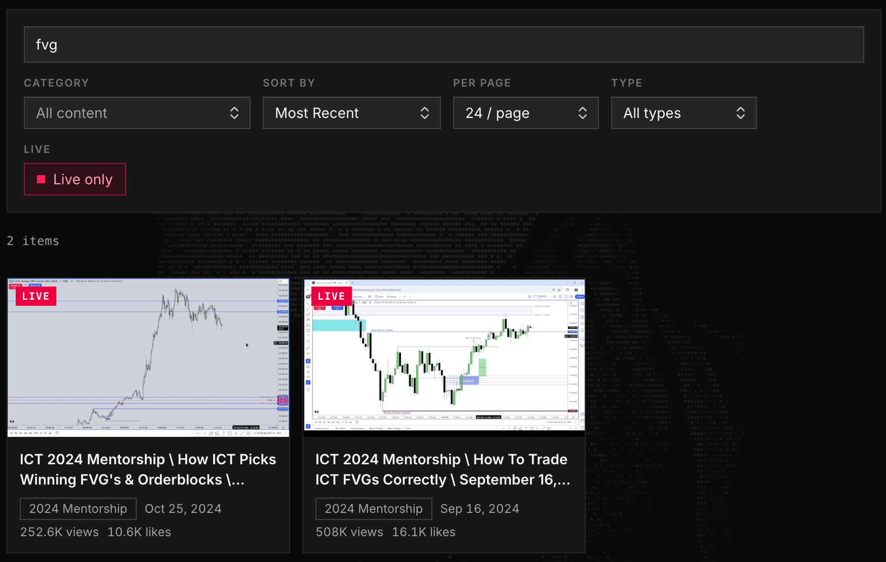The library filter bar (text filter, Category, Sort by, per page, Type, Live only) above the results grid